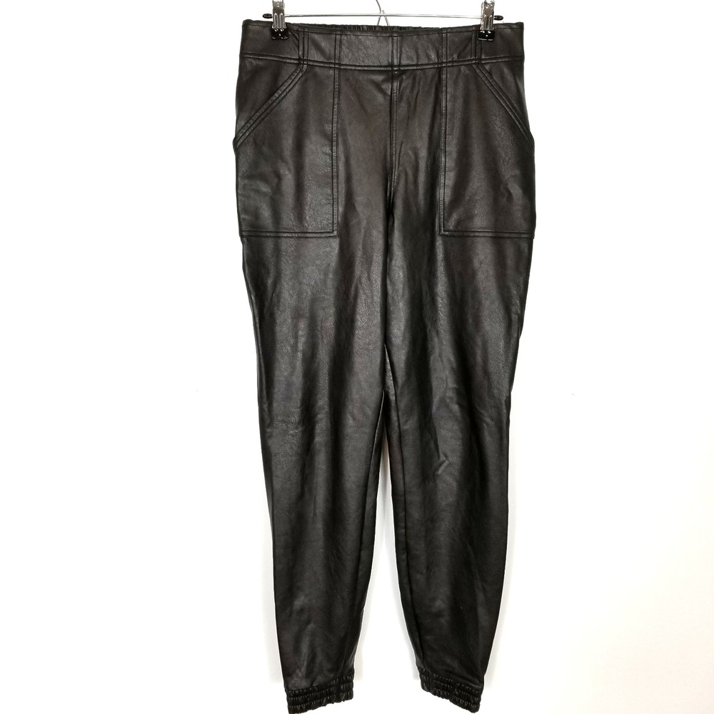 Spanx Black Faux Leather Joggers Pants Sz L Elastic Waist Pull On Casual Party